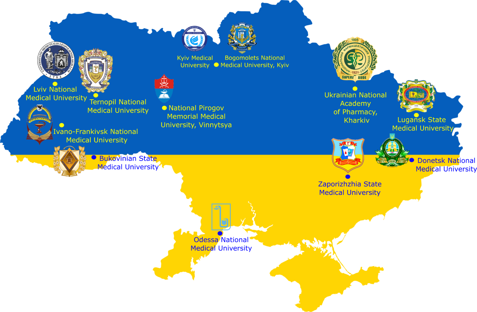 Map of Ukraine showing universities with pharmacognosy programs.
